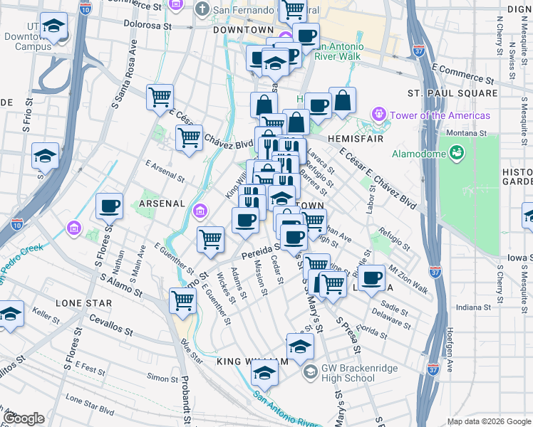 map of restaurants, bars, coffee shops, grocery stores, and more near 1005 South Alamo Street in San Antonio