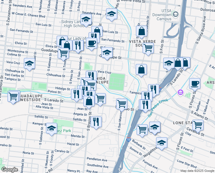 map of restaurants, bars, coffee shops, grocery stores, and more near 622 Chihuahua Street in San Antonio