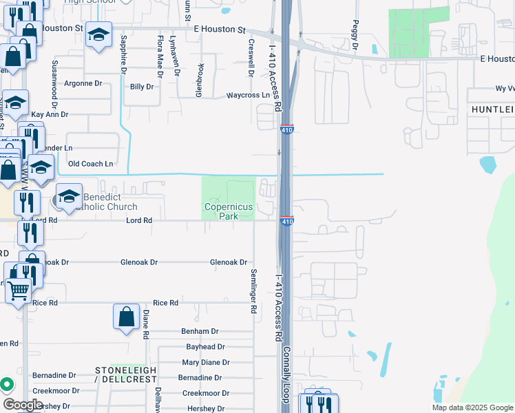 map of restaurants, bars, coffee shops, grocery stores, and more near 4611 East Houston Street in San Antonio