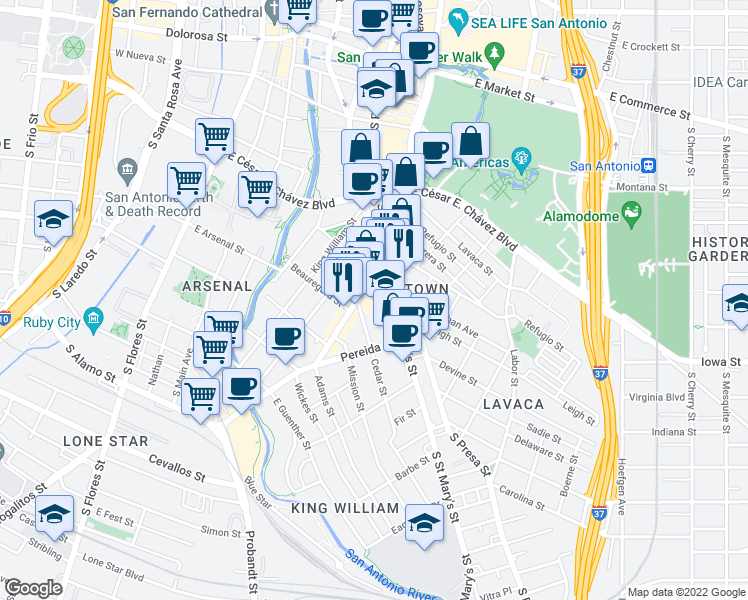 map of restaurants, bars, coffee shops, grocery stores, and more near 925 South Saint Marys Street in San Antonio