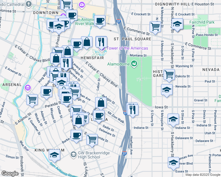 map of restaurants, bars, coffee shops, grocery stores, and more near 401 Santos Street in San Antonio