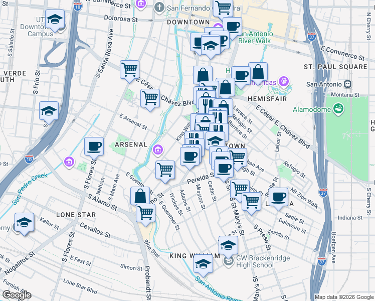 map of restaurants, bars, coffee shops, grocery stores, and more near 233 Madison in San Antonio