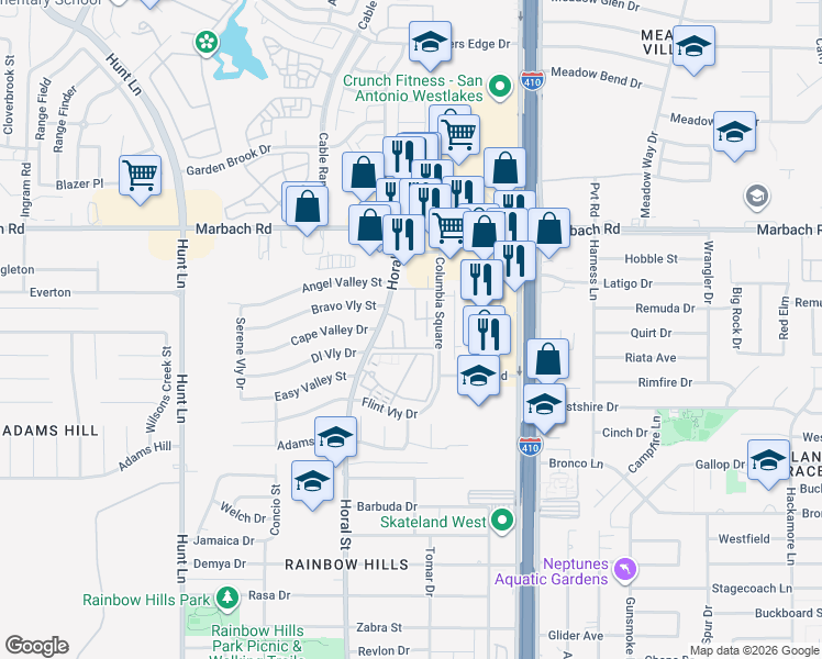 map of restaurants, bars, coffee shops, grocery stores, and more near 1880 Horal Street in San Antonio