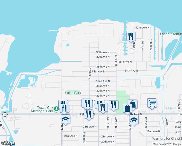 map of restaurants, bars, coffee shops, grocery stores, and more near 2530 34th Avenue North in Texas City