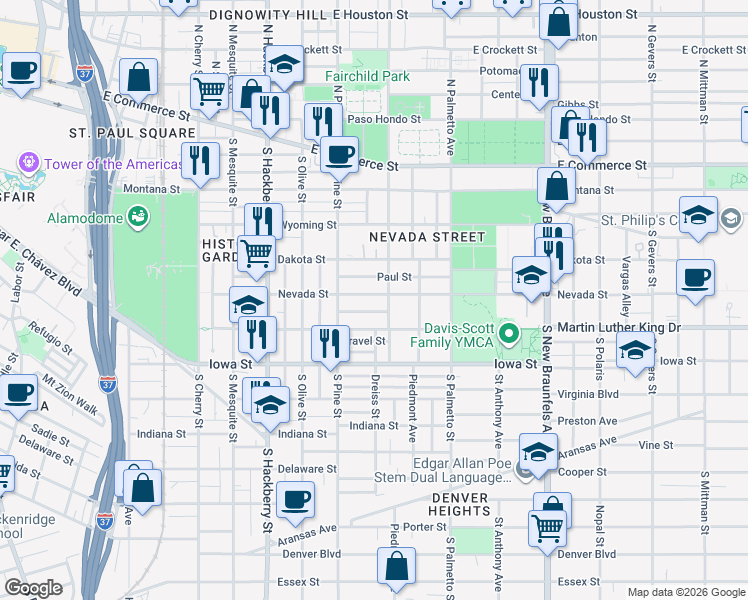 map of restaurants, bars, coffee shops, grocery stores, and more near 130 Paul Street in San Antonio