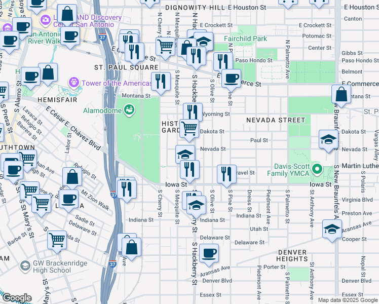 map of restaurants, bars, coffee shops, grocery stores, and more near 533 South Hackberry in San Antonio
