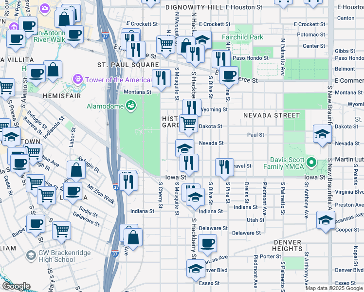 map of restaurants, bars, coffee shops, grocery stores, and more near 523 South Mesquite Street in San Antonio