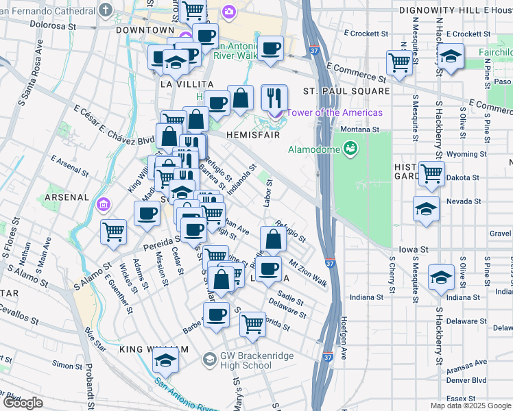map of restaurants, bars, coffee shops, grocery stores, and more near 700 Lavaca Street in San Antonio