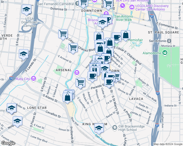 map of restaurants, bars, coffee shops, grocery stores, and more near 233 Madison in San Antonio
