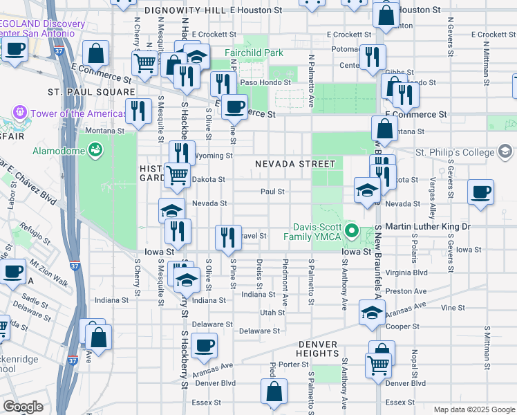 map of restaurants, bars, coffee shops, grocery stores, and more near 130 Paul Street in San Antonio