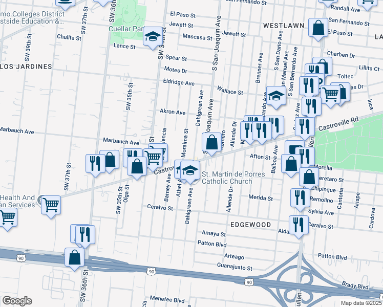 map of restaurants, bars, coffee shops, grocery stores, and more near 1617 Dahlgreen Avenue in San Antonio