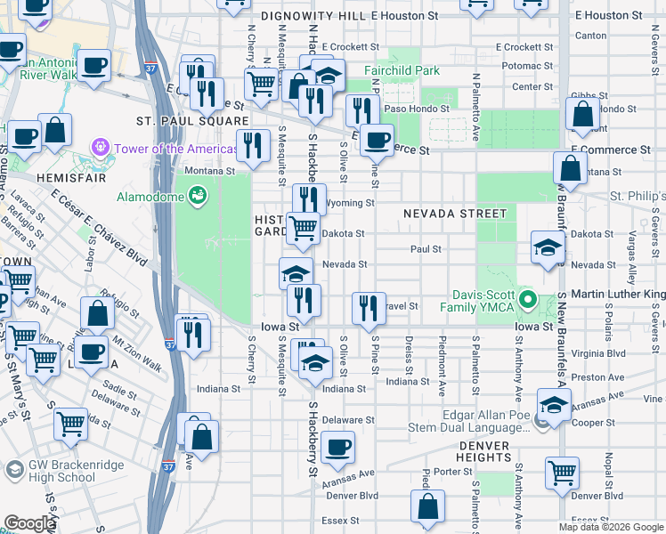 map of restaurants, bars, coffee shops, grocery stores, and more near 423 South Olive Street in San Antonio