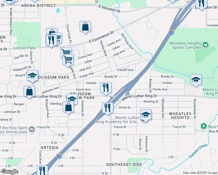 map of restaurants, bars, coffee shops, grocery stores, and more near 310 Corliss in San Antonio