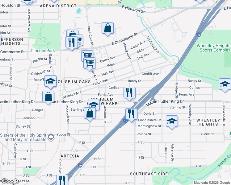 map of restaurants, bars, coffee shops, grocery stores, and more near 218 Corliss in San Antonio