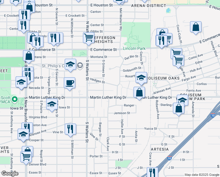 map of restaurants, bars, coffee shops, grocery stores, and more near 910 Hedges Street in San Antonio