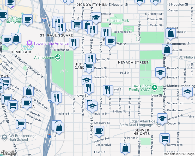 map of restaurants, bars, coffee shops, grocery stores, and more near 423 South Olive Street in San Antonio