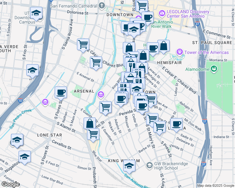 map of restaurants, bars, coffee shops, grocery stores, and more near 233 Madison in San Antonio