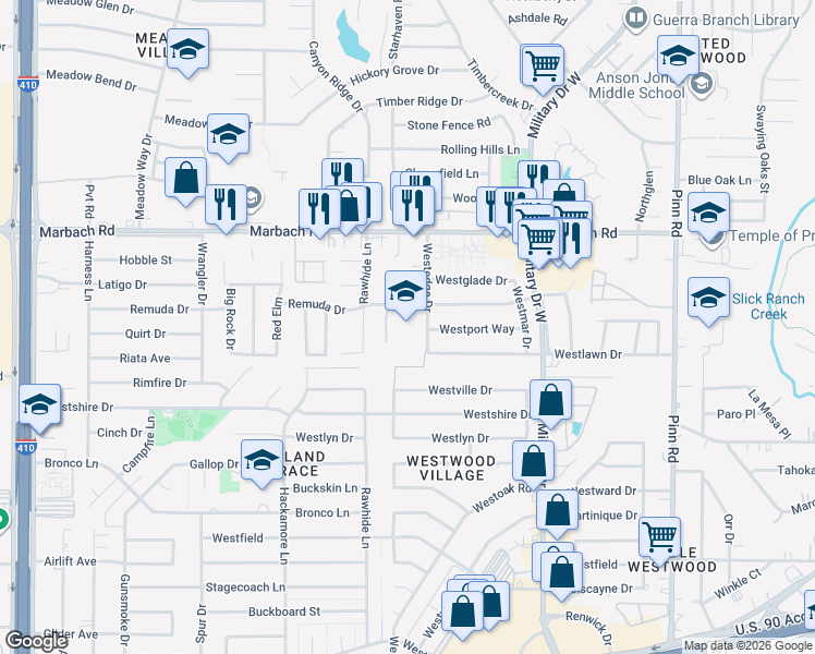 map of restaurants, bars, coffee shops, grocery stores, and more near 7320 Remuda Drive in San Antonio