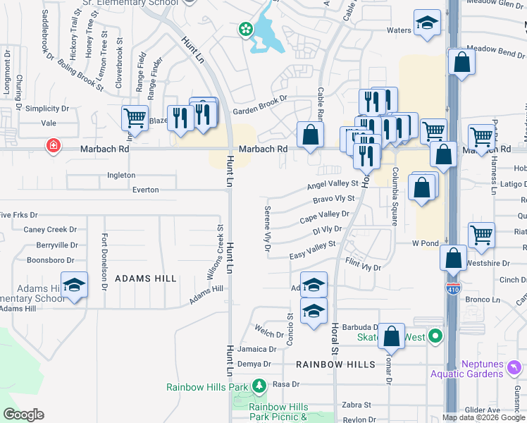 map of restaurants, bars, coffee shops, grocery stores, and more near 1807 Serene Valley Street in San Antonio