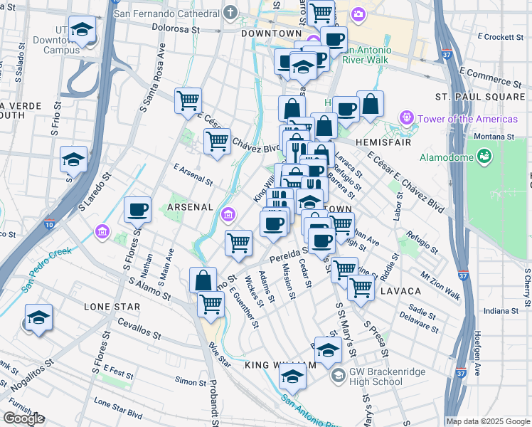 map of restaurants, bars, coffee shops, grocery stores, and more near 233 Madison in San Antonio