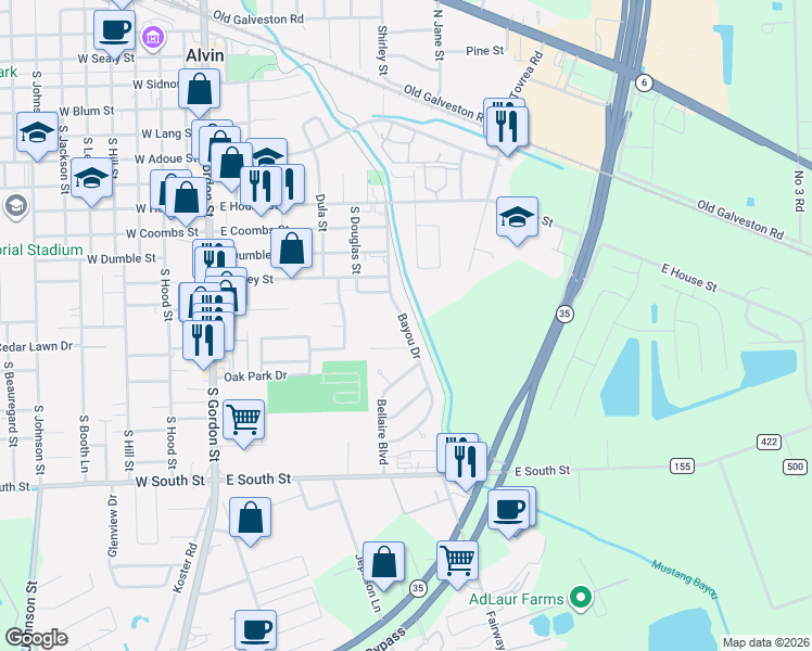 map of restaurants, bars, coffee shops, grocery stores, and more near 1103 Bayou Drive in Alvin