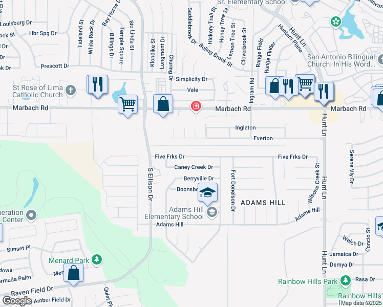 map of restaurants, bars, coffee shops, grocery stores, and more near 9639 5 Forks Drive in San Antonio