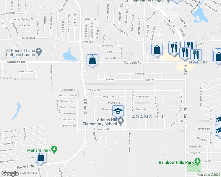 map of restaurants, bars, coffee shops, grocery stores, and more near 9639 5 Forks Drive in San Antonio