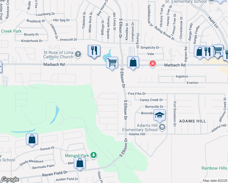 map of restaurants, bars, coffee shops, grocery stores, and more near 9707 Marbach Bend in San Antonio