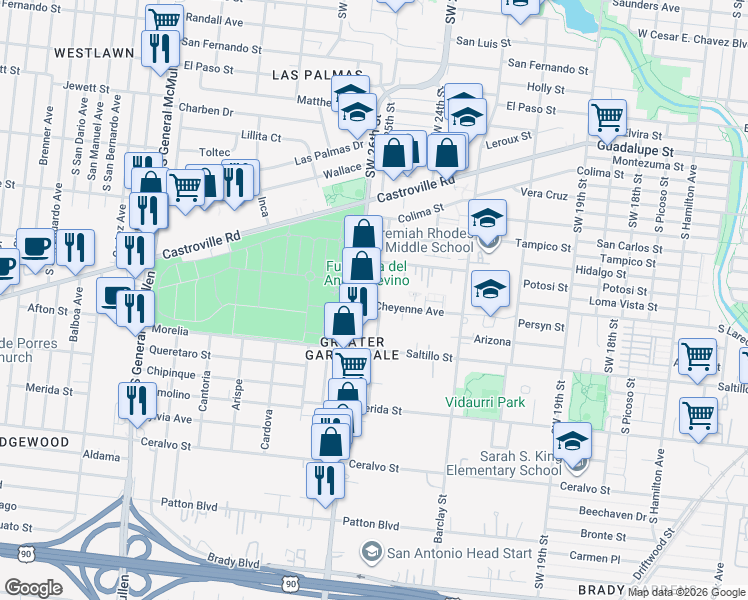 map of restaurants, bars, coffee shops, grocery stores, and more near 226 Cupples Road in San Antonio