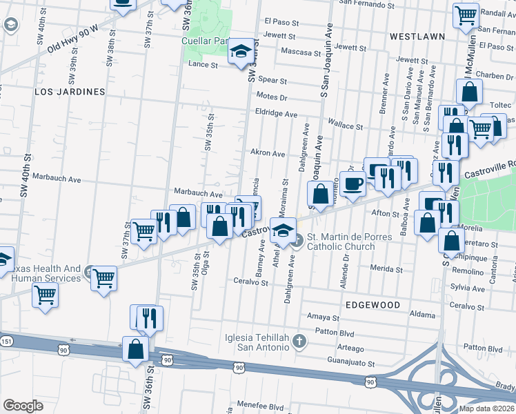 map of restaurants, bars, coffee shops, grocery stores, and more near 1530 Valencia in San Antonio