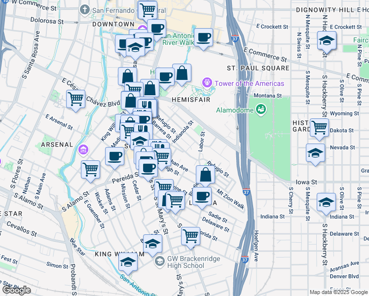 map of restaurants, bars, coffee shops, grocery stores, and more near 314 Refugio Street in San Antonio