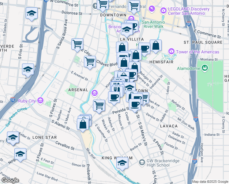 map of restaurants, bars, coffee shops, grocery stores, and more near 233 Madison in San Antonio
