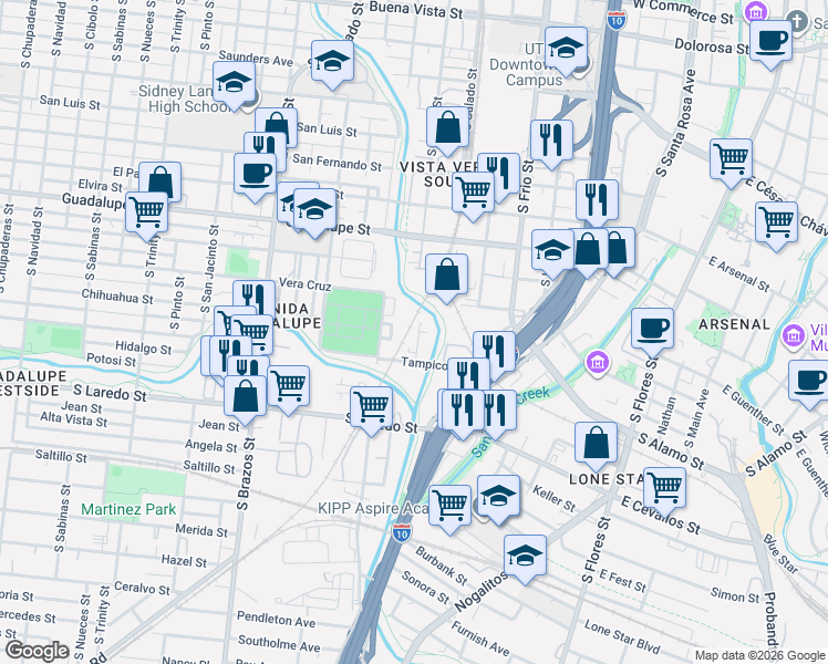 map of restaurants, bars, coffee shops, grocery stores, and more near 1018 Grand Alley in San Antonio