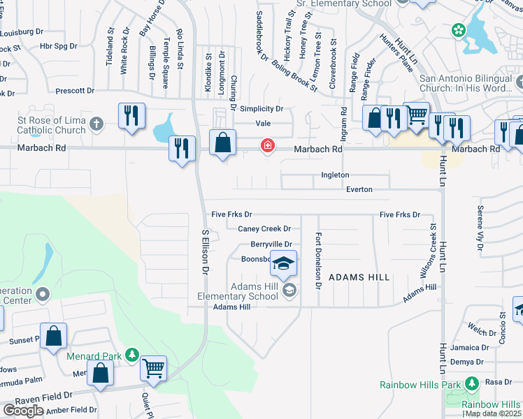 map of restaurants, bars, coffee shops, grocery stores, and more near 9639 5 Forks Drive in San Antonio