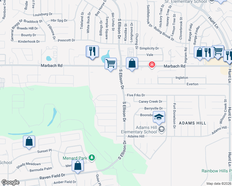 map of restaurants, bars, coffee shops, grocery stores, and more near 9707 Marbach Bend in San Antonio
