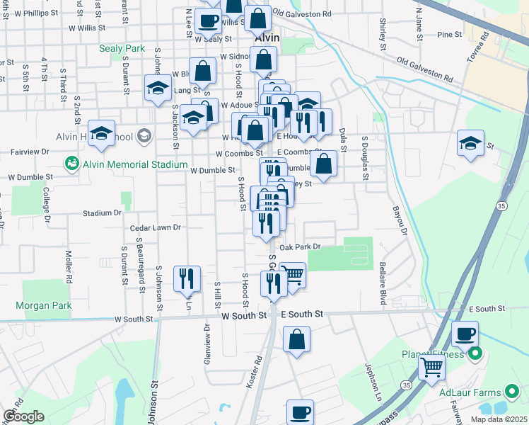 map of restaurants, bars, coffee shops, grocery stores, and more near 1100 South Gordon Street in Alvin