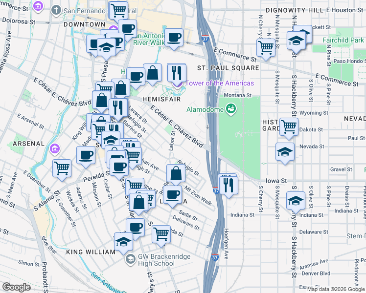 map of restaurants, bars, coffee shops, grocery stores, and more near 401 Santos Street in San Antonio
