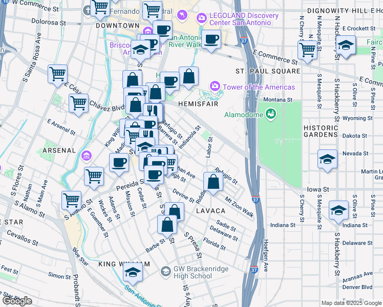 map of restaurants, bars, coffee shops, grocery stores, and more near 314 Refugio Street in San Antonio