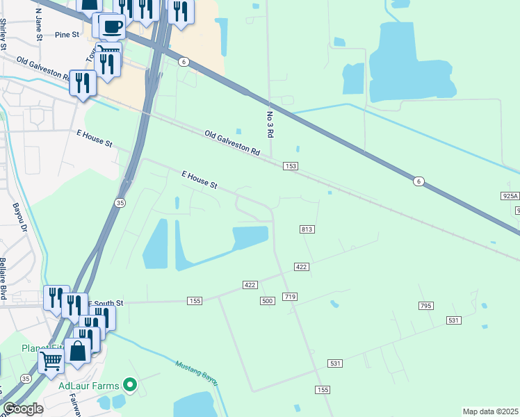 map of restaurants, bars, coffee shops, grocery stores, and more near 2005 County Road 719 in Alvin