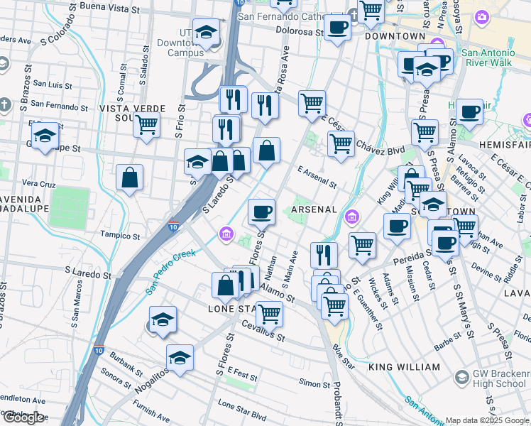 map of restaurants, bars, coffee shops, grocery stores, and more near 931 Merchant Alley in San Antonio