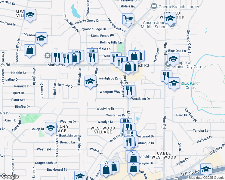 map of restaurants, bars, coffee shops, grocery stores, and more near 7114 Remuda Drive in San Antonio