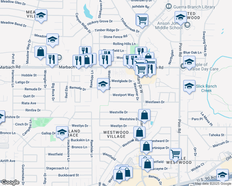map of restaurants, bars, coffee shops, grocery stores, and more near 7214 Remuda Drive in San Antonio