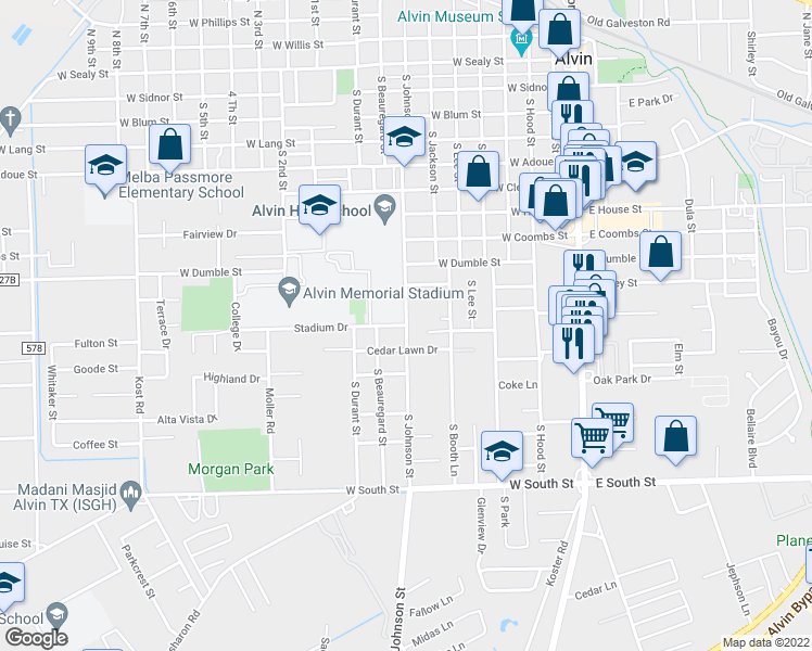 map of restaurants, bars, coffee shops, grocery stores, and more near 1241 South Johnson Street in Alvin
