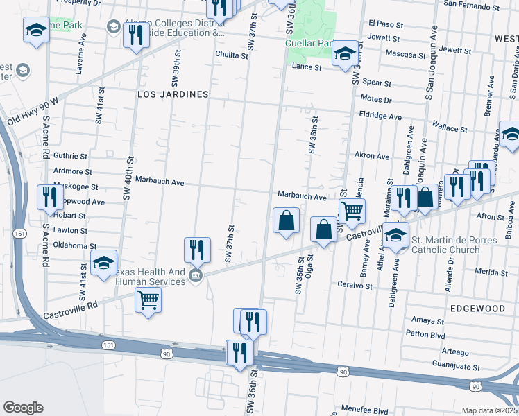 map of restaurants, bars, coffee shops, grocery stores, and more near 909 Southwest 36th Street in San Antonio