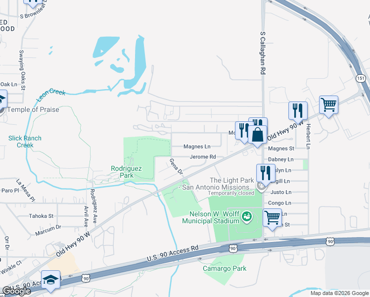 map of restaurants, bars, coffee shops, grocery stores, and more near 5927 Magnes Lane in San Antonio