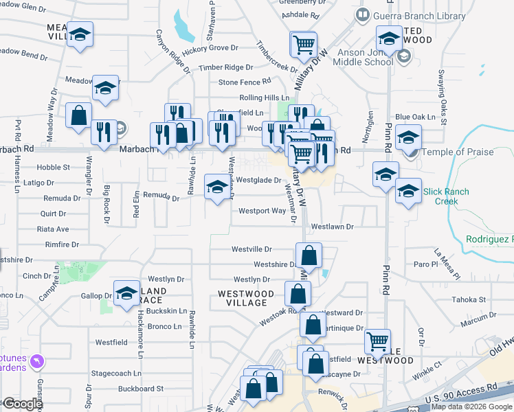 map of restaurants, bars, coffee shops, grocery stores, and more near 7214 Remuda Drive in San Antonio