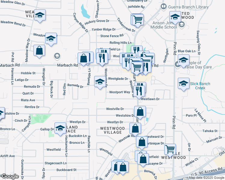 map of restaurants, bars, coffee shops, grocery stores, and more near 7214 Remuda Drive in San Antonio