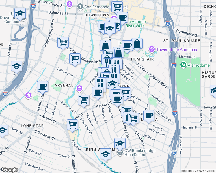 map of restaurants, bars, coffee shops, grocery stores, and more near 1005 South Alamo Street in San Antonio