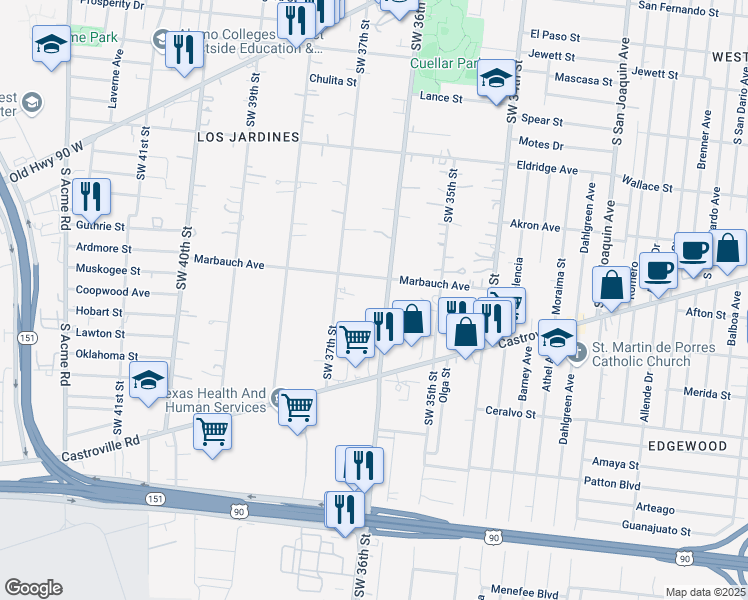 map of restaurants, bars, coffee shops, grocery stores, and more near 909 Southwest 36th Street in San Antonio