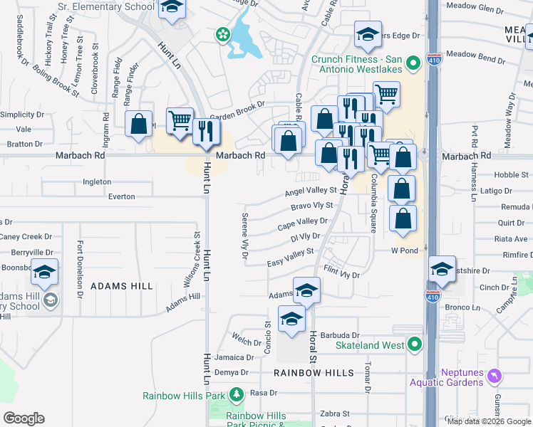 map of restaurants, bars, coffee shops, grocery stores, and more near 8818 Angel Valley Street in San Antonio